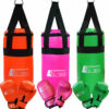 Drei Boxsack-Sets für Kinder in Orange, Pink und Grün mit passenden Boxhandschuhen, ideal für Anfänger in Deutschland.