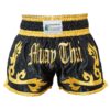 Schwarze Muay Thai Shorts mit goldenen Verzierungen und elastischem Bund für perfekten Sitz.