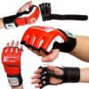 mma grappling handschuhe rot-schwarz aus strapazierfähigem leder mit sicherem klettverschluss.