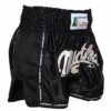 Schwarze Muay Thai Shorts mit Mesh und elastischem Bund, seitliche Ansicht mit silbernem Schriftzug.