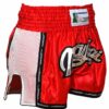 Rote Muay Thai Shorts mit weißen Mesh-Panels und glänzendem „Muay Thai“-Schriftzug.