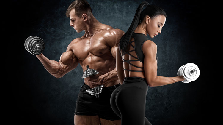 Ein Mann und eine Frau trainieren mit Hanteln, wobei der Fokus auf ihren definierten Muskeln liegt.