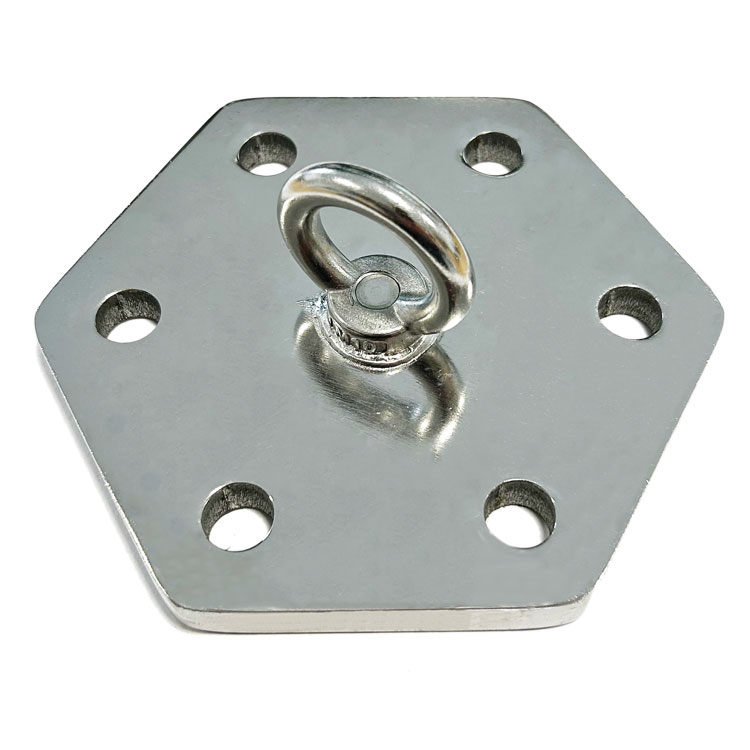 Stabile Edelstahlhalterung für Boxsäcke mit sechseckiger 6-Loch-Platte und verschweißter Augenschraube.