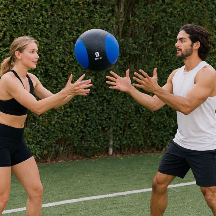 Fitness Partnertraining mit Medizinball beim Outdoor Functional Workout.