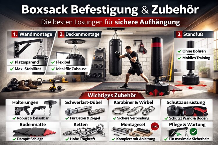 Boxsack Befestigung und Zubehör für sichere Montage mit Halterung, Kette und Karabiner