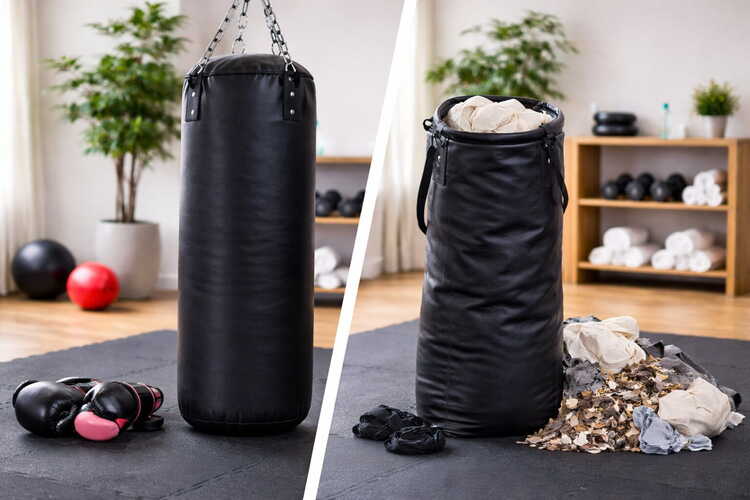 Boxsack ungefüllt und gefüllt im Vergleich – leerer Boxsack neben befülltem Modell für flexibles Boxtraining.