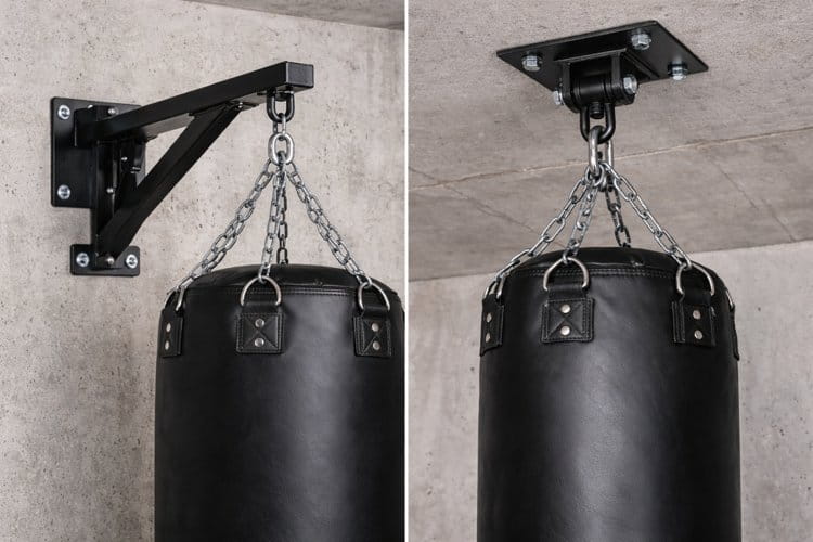 Vergleich Boxsack Wandmontage links und Deckenmontage rechts im Trainingsraum